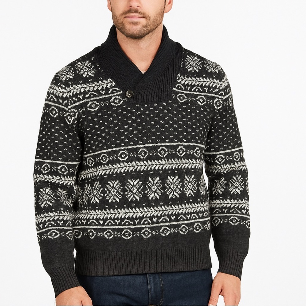 Bill Blass Shawl Collar Sweater Mens L Black White Good Fair Isle Wool Blend